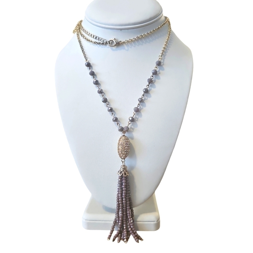 Vintage Purple AB Crystal Tassel and Pave Focal Oblong Bead Necklace 32 Inch